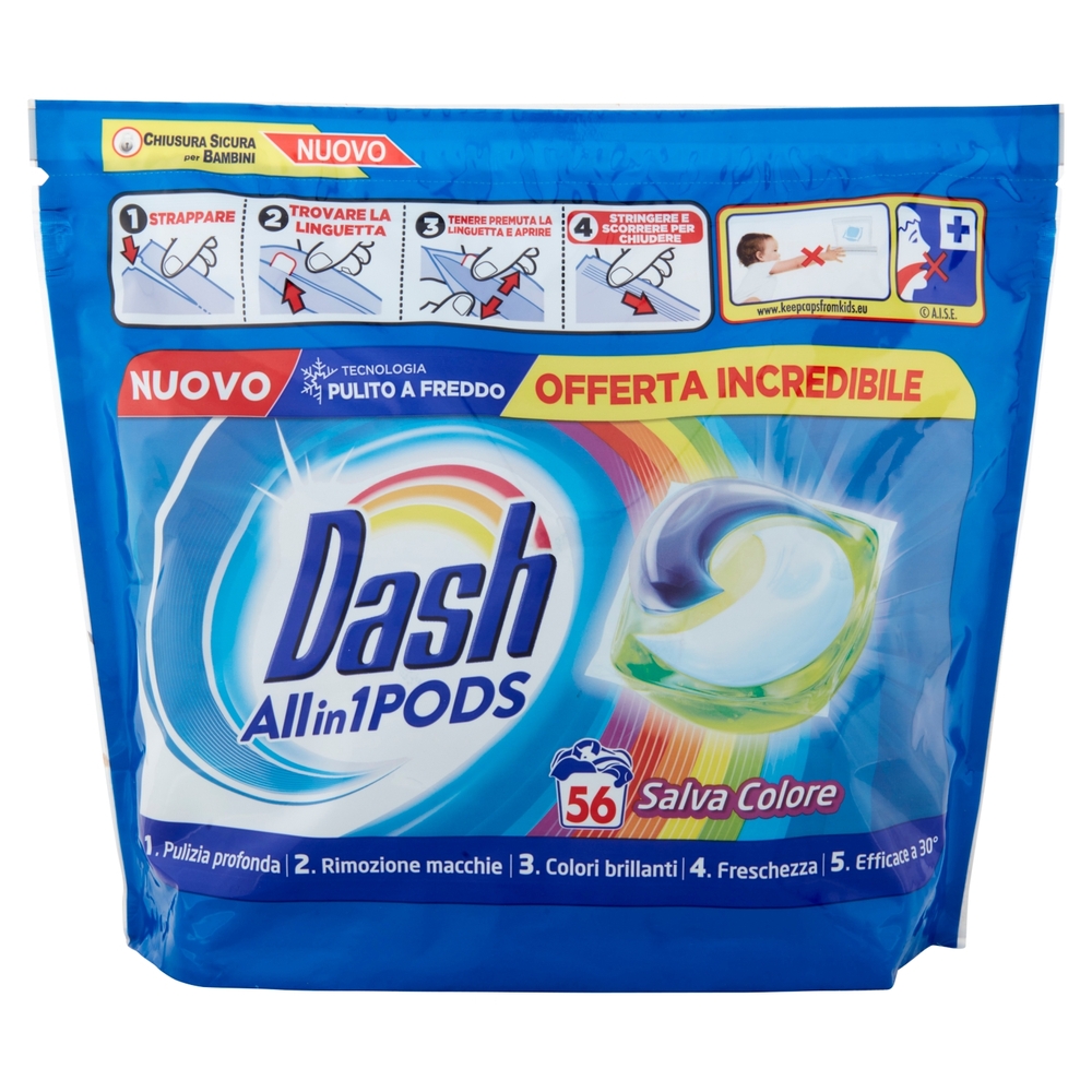Dash PODS Allin1 Detersivo Lavatrice in Capsule per Bucato Salva Colore 56 Lavaggi 1332,8 g